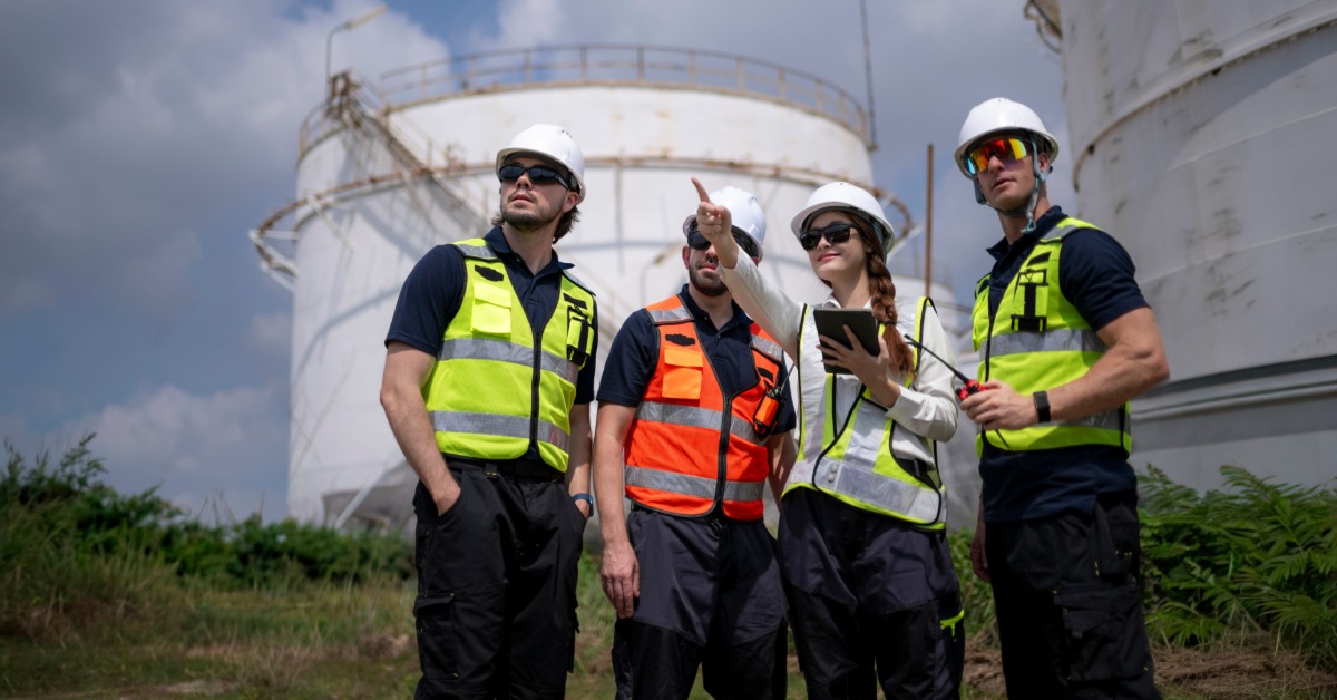 Four people wearing hard hats and safety vests standing near large white industrial tanks under a cloudy sky.